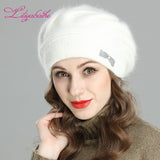 Christmas Gift New style women's winter beret knitted wool angora beret Decoration Two-color butterfly double warm Hat
