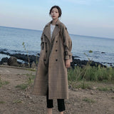 Christmas Gift Korean Style Ladies Trench Coat Plaid Long Double Breasted Belted Oversize Loose Women Duster Coat Outerwear with Storm Flaps