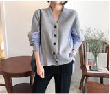 Kukombo 2022 Spring Women's Sweaters Patchwork Srtiped Knitting V-Neck Stylish Knitted Button Cardigans Loose Tops SWC1816