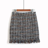 Kukombo 2022 Spring Summer Women Woolen Mini Skirt In A Cage Vintage Plaid Tassel Skater High Waist Checkered Skirt SK5583