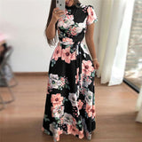 Women Summer Dress Casual Short Sleeve Long Dress Boho Floral Print Maxi Dress Vestidos Turtleneck Bandage Elegant Dresses Belt