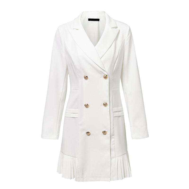 Kukombo Elegant Ruffle Double Breasted Women Dress Office Blazer White Dress Autumn Winter Slim Suit Ladies Dresses