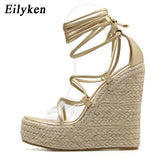 Christmas Gift Eilyken 2022 New Champagne Gold Women Sandals Black Lace-up Peep toe Summer Wedges High Heels Large Size 35-42 Elegant Sandals