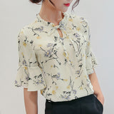 Kukombo Summer Office Lady Bottom Shirt Women Flowers Print Blouses Fashionable Short Sleeve Casual Chiffon Shirts Ruffle Blouse Gothic