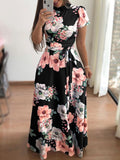 Women Summer Dress Casual Short Sleeve Long Dress Boho Floral Print Maxi Dress Vestidos Turtleneck Bandage Elegant Dresses Belt