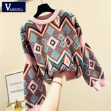 Christmas Gift Fashion Plaid Print Women Sweater Spring Autumn Loose Knitted Ladies Pullovers O-Neck Long Sleeve Female Sweater Jumpers