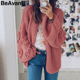 Christmas Gift  Loose women knitted cardigans Lantern sleeve heart crochet oversize sweaters Autumn winter female cardigan coats outwear