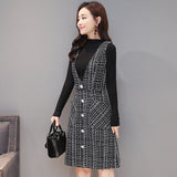 Kukombo Women Autumn Winter Vest Dress V-Neck Strap Dress Vintage Sleeveless Pocket Plaid Dress Female Slim Woolen Dresses Vestidos
