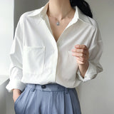 Christmas Gift OL Style White Shirts for Women Turn-down Collar Pockets Women Blouse Tops Elegant Workwear Female Tops blusas femme 2021 Autumn