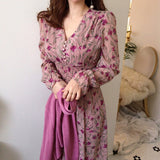Christmas Gift BGTEEVER Fashion V-neck Floral Print Elastic Waist Women Dress Vintage Flare Sleeve Front Buttons A-line Female Long Dresses
