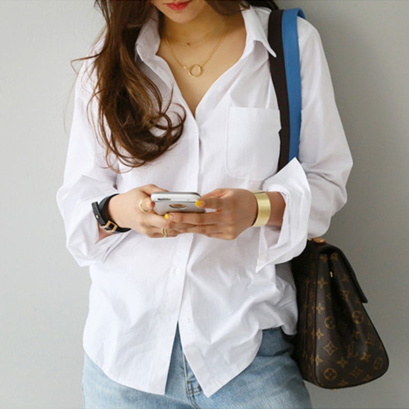 Christmas Gift S-3XL Spring One Pocket Women White Blouse Female Shirt Tops Long Sleeve Casual Turn-down Collar OL Style Women Loose Blouses