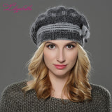 Christmas Gift   NEW winterWomen beret hat knitted wool angora beret  The classic grid of mink flower decoration cap Double warm hat