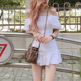 Kukombo 2022 Summer Boho Off Shoulder Dress Women Buttions Ruffle Sexy Vintage White Beach Dress Elegant Korean Mini Short Dress