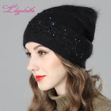 Christmas Gift Women Autumn And Winter Hat angora Knitted Skullies Beanies Cap diamante blossom decoration hats for Girls