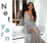 Kukombo  Silver Sexy Party Dress Hot Sequined Dress Women Mesh Overlay Maxi Dress Summer Backless Long Sleeve V-neck Dress Vestidos