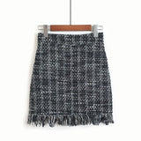 Kukombo 2022 Spring Summer Women Woolen Mini Skirt In A Cage Vintage Plaid Tassel Skater High Waist Checkered Skirt SK5583