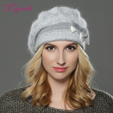 Christmas Gift   NEW winterWomen beret hat knitted wool angora beret  The classic grid of mink flower decoration cap Double warm hat