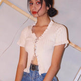 Kukombo Christmas Gift Summer Women Harajuku Knitted Short Ruffles Sleeve Shirt Crop Top Street Wear Femme Knit Skinny Tee Shirt Women