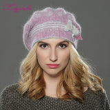 Christmas Gift   NEW winterWomen beret hat knitted wool angora beret  The classic grid of mink flower decoration cap Double warm hat