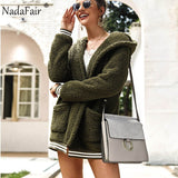 Nadafair Faux Fur Coat Women Hooded Winter Casual Teddy Coat Autumn Pockets Plus Size Fur Jacket Fleece Fluffy Overcoat Outwear
