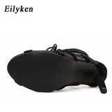Christmas Gift Eilyken 2022 Fashion Black Summer Sandals Lace Up Cross-tied Peep Toe High Heel Ankle Strap Net Surface Hollow Out Sandals