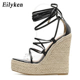 Christmas Gift Eilyken 2022 New Champagne Gold Women Sandals Black Lace-up Peep toe Summer Wedges High Heels Large Size 35-42 Elegant Sandals