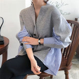 Kukombo 2022 Spring Women's Sweaters Patchwork Srtiped Knitting V-Neck Stylish Knitted Button Cardigans Loose Tops SWC1816