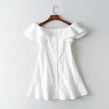 Kukombo 2022 Summer Boho Off Shoulder Dress Women Buttions Ruffle Sexy Vintage White Beach Dress Elegant Korean Mini Short Dress