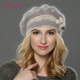 Christmas Gift   NEW winterWomen beret hat knitted wool angora beret  The classic grid of mink flower decoration cap Double warm hat
