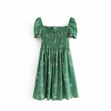 Kukombo  Bella Philosophy Short Sleeve Sexy Mini Dress Vintage Print Floral Female Square Collar Dress Casual Elastic Lady A-Line Dress