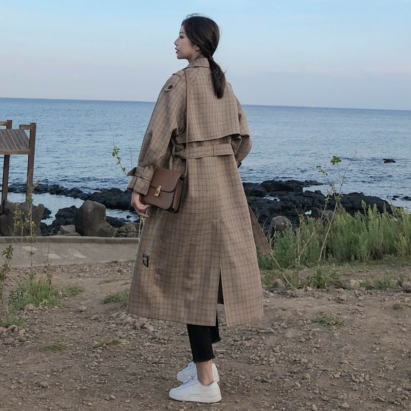 Christmas Gift Korean Style Ladies Trench Coat Plaid Long Double Breasted Belted Oversize Loose Women Duster Coat Outerwear with Storm Flaps