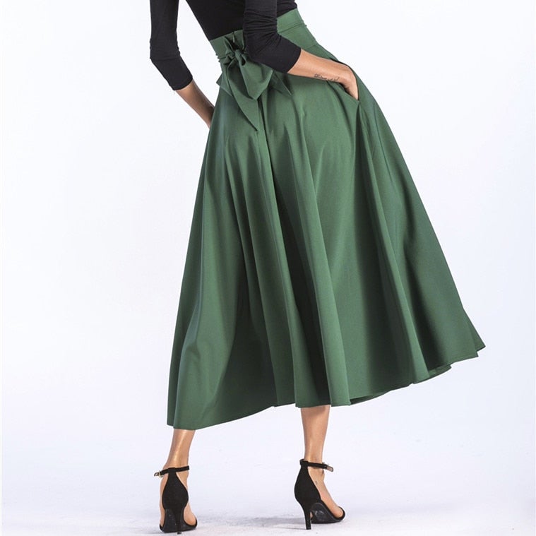Kukombo 2022 Women Slit Long Maxi Skirt Vintage Ladies Fashion Pleated Flared Pockets Lace Up Bow Plus Size 4XL Skirt SK8831