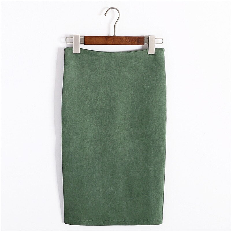 Christmas Gift Multi colors 2021 Women Skirt Spring Solid Suede Work Wear Package Hip Pencil Midi Skirt Autumn Winter Bodycon Femininas SP012
