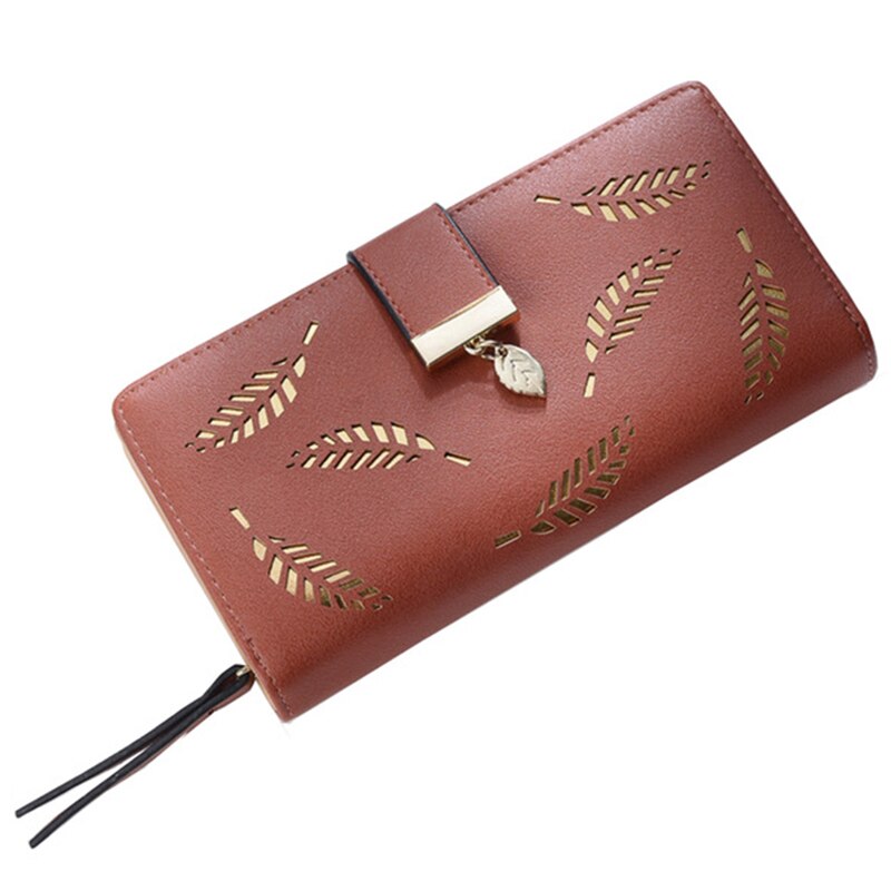 Kukombo 2022 Fashion Women Wallet Long Portfel Gold Hollow Leaves Pouch Cute Leather Handbag for Women Coin Purse Card Holders Clutch