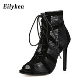 Christmas Gift Eilyken 2022 Fashion Black Summer Sandals Lace Up Cross-tied Peep Toe High Heel Ankle Strap Net Surface Hollow Out Sandals