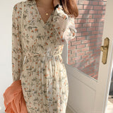 Christmas Gift BGTEEVER Elegant Ruched Floral Print Women Autumn Dress Sexy V-neck Full Sleeve Female Long Dresses 2021 Spring Chiffon Vestidos