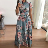 Women Summer Dress Casual Short Sleeve Long Dress Boho Floral Print Maxi Dress Vestidos Turtleneck Bandage Elegant Dresses Belt