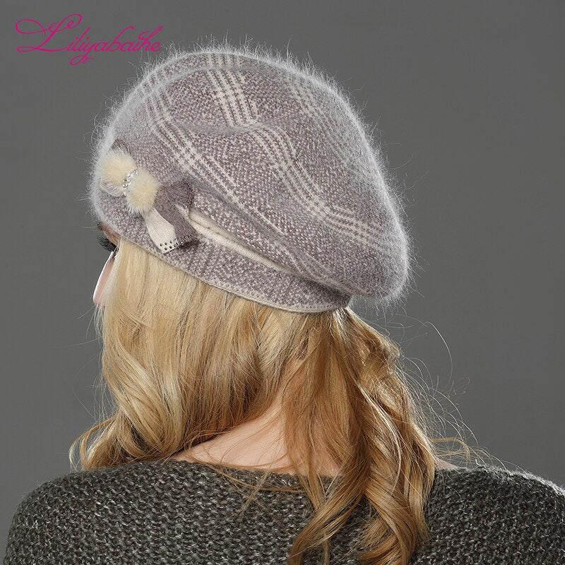 Christmas Gift   NEW winterWomen beret hat knitted wool angora beret  The classic grid of mink flower decoration cap Double warm hat