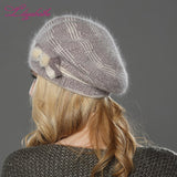 Christmas Gift   NEW winterWomen beret hat knitted wool angora beret  The classic grid of mink flower decoration cap Double warm hat