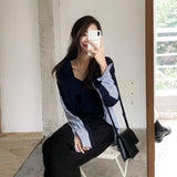 Kukombo 2022 Spring Women's Sweaters Patchwork Srtiped Knitting V-Neck Stylish Knitted Button Cardigans Loose Tops SWC1816