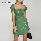 Kukombo  Bella Philosophy Short Sleeve Sexy Mini Dress Vintage Print Floral Female Square Collar Dress Casual Elastic Lady A-Line Dress