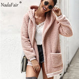 Nadafair Faux Fur Coat Women Hooded Winter Casual Teddy Coat Autumn Pockets Plus Size Fur Jacket Fleece Fluffy Overcoat Outwear