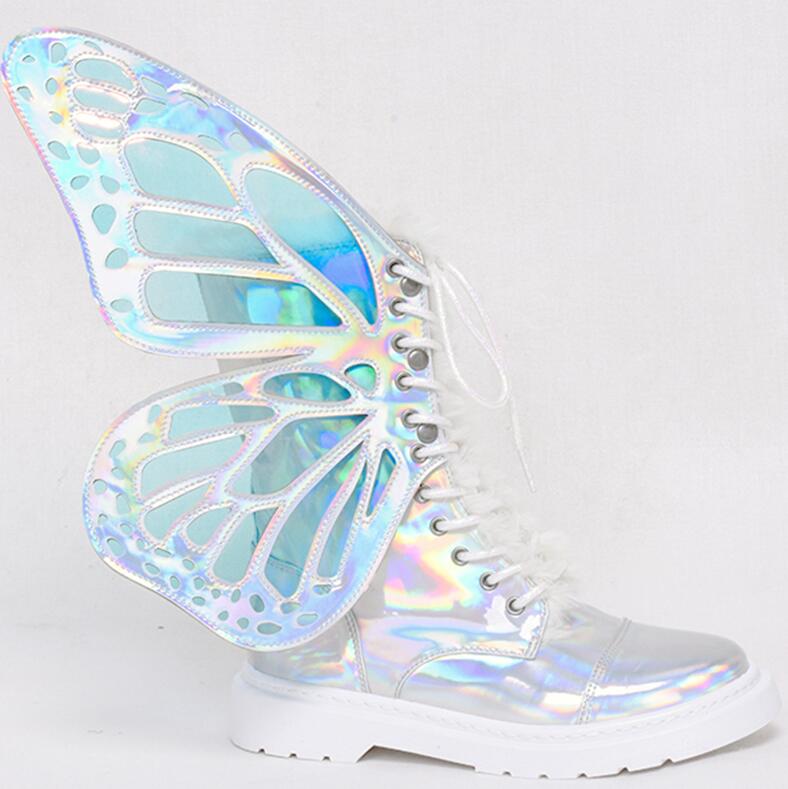 Kukombo Women Butterfly Wings Sneakers Shine Silver Short Boots Lace Up Colorful Ladies Shoes Sneakers With Sequines Women Runway Boots K38