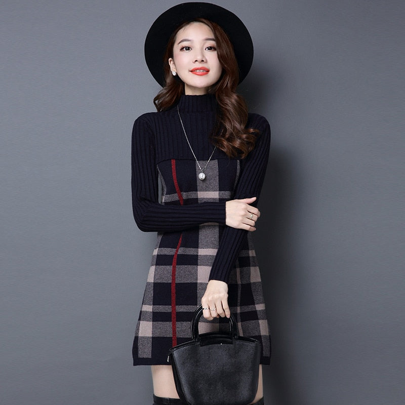 Christmas Gift 2021 New Women Autumn Winter Dress Turtleneck Long Sleeve Plaid Knitted Sweater Dress Female Loose  Sweaters Pullovers Dress 315