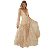 Kukombo  Silver Sexy Party Dress Hot Sequined Dress Women Mesh Overlay Maxi Dress Summer Backless Long Sleeve V-neck Dress Vestidos
