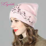 Christmas Gift Women Autumn And Winter Hat angora Knitted Skullies Beanies Cap diamante blossom decoration hats for Girls