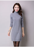 Kukombo Autumn Winter Solid Knitted Cotton Sweater Dresses New Women Fashion Turtleneck Pullover Female Knitted Dress Vestidos