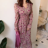 Christmas Gift BGTEEVER Fashion V-neck Floral Print Elastic Waist Women Dress Vintage Flare Sleeve Front Buttons A-line Female Long Dresses