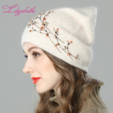 Christmas Gift Women Autumn And Winter Hat angora Knitted Skullies Beanies Cap diamante blossom decoration hats for Girls