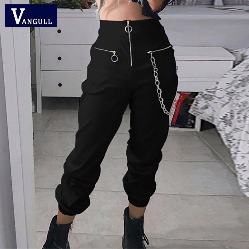 Christmas Gift harajuku zipper streetwear women casual harem pants with chain New solid black pant cool fashion hip hop long trousers